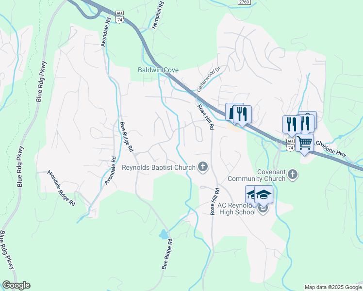 map of restaurants, bars, coffee shops, grocery stores, and more near 19 Timberlake Drive in Asheville