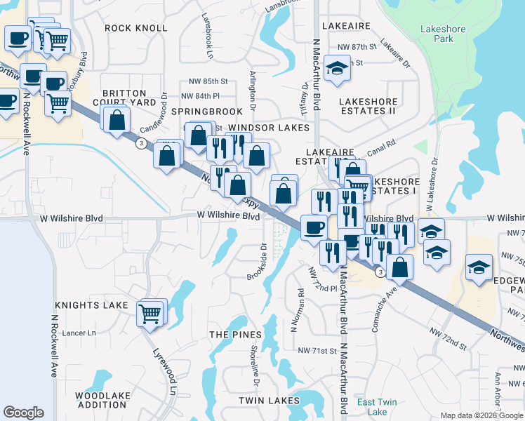 map of restaurants, bars, coffee shops, grocery stores, and more near 6200 Northwest Expressway in Oklahoma City