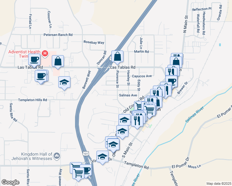 map of restaurants, bars, coffee shops, grocery stores, and more near 740 Salinas Avenue in Templeton