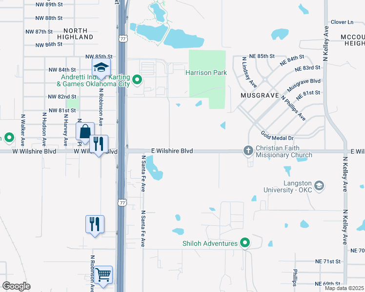 map of restaurants, bars, coffee shops, grocery stores, and more near 121 East Wilshire Boulevard in Oklahoma City