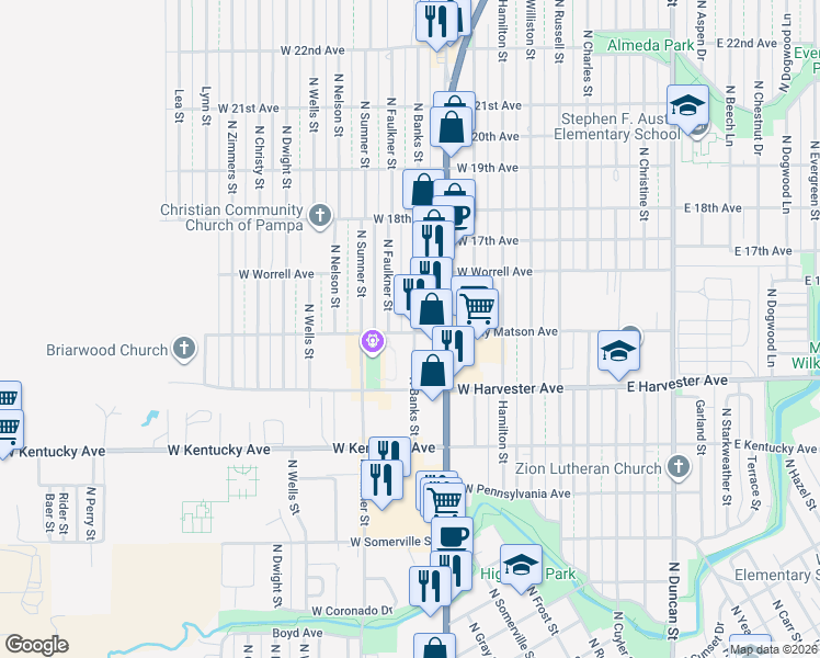 map of restaurants, bars, coffee shops, grocery stores, and more near 898 W Randy Matson Ave in Pampa