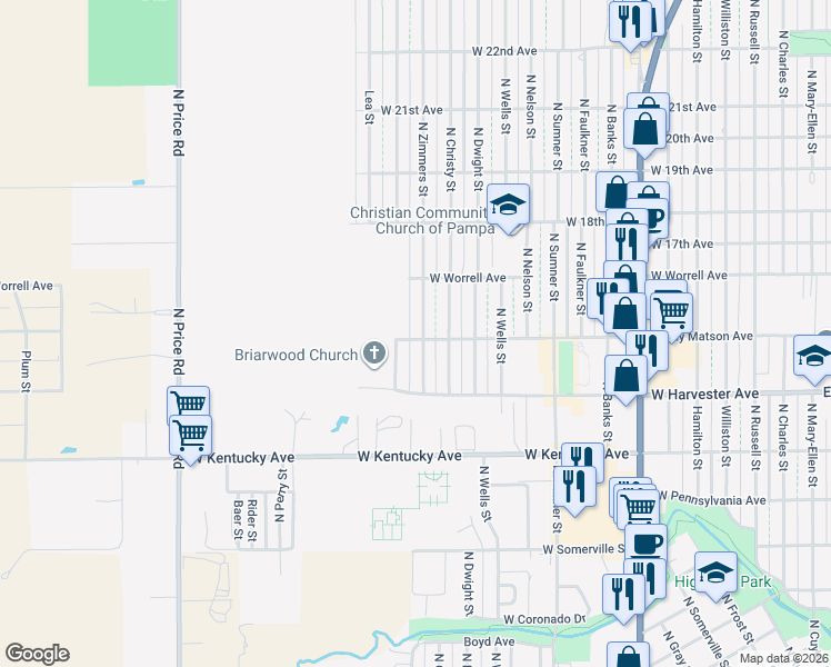 map of restaurants, bars, coffee shops, grocery stores, and more near 1400-1498 Randy Matson Avenue in Pampa