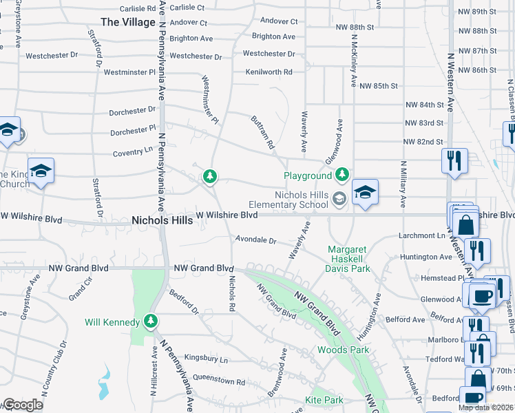 map of restaurants, bars, coffee shops, grocery stores, and more near 1507 West Wilshire Boulevard in Nichols Hills