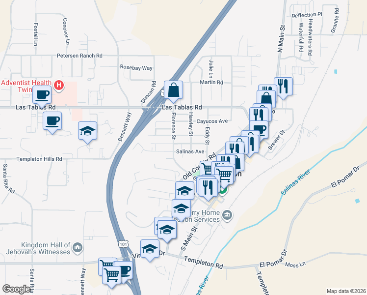 map of restaurants, bars, coffee shops, grocery stores, and more near 608 Salinas Avenue in Templeton