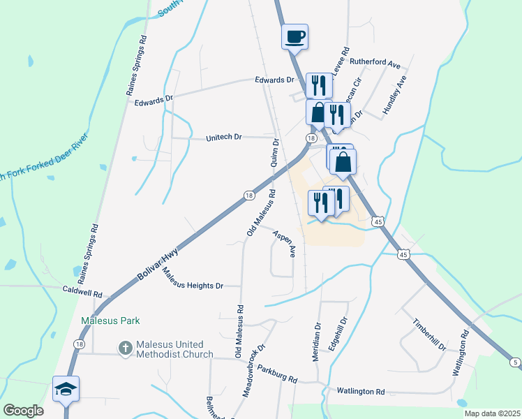 map of restaurants, bars, coffee shops, grocery stores, and more near 49 Old Malesus Road in Jackson