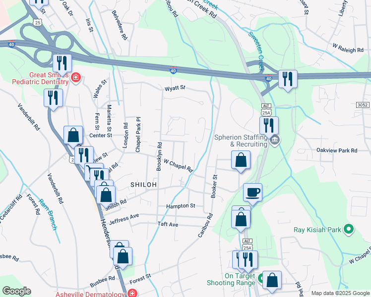 map of restaurants, bars, coffee shops, grocery stores, and more near 13 West Chapel Circle in Asheville