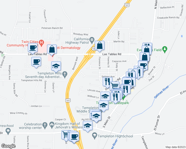 map of restaurants, bars, coffee shops, grocery stores, and more near 780 Salinas Avenue in Templeton