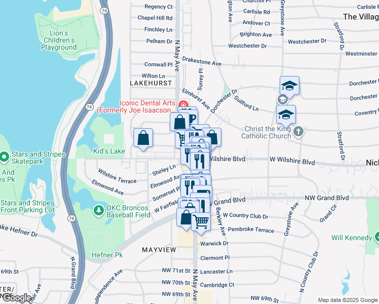 map of restaurants, bars, coffee shops, grocery stores, and more near 7909 North May Avenue in Oklahoma City