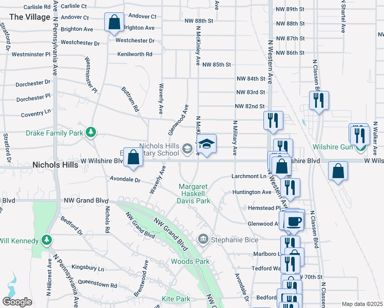 map of restaurants, bars, coffee shops, grocery stores, and more near 1301 West Wilshire Boulevard in Oklahoma City