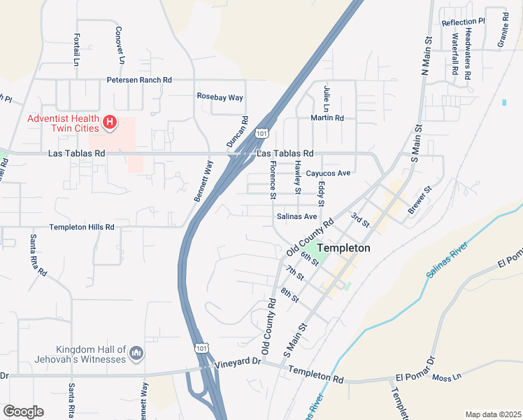 map of restaurants, bars, coffee shops, grocery stores, and more near 740 Salinas Avenue in Templeton