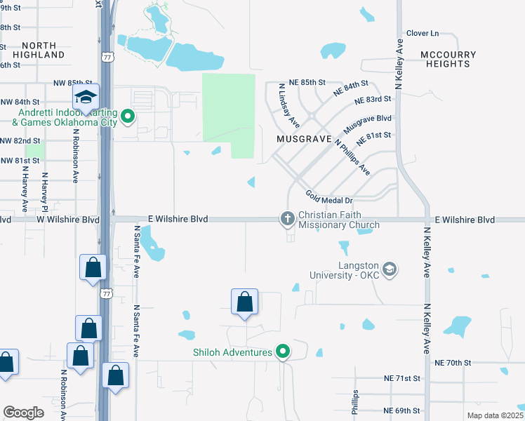 map of restaurants, bars, coffee shops, grocery stores, and more near 505 East Wilshire Boulevard in Oklahoma City