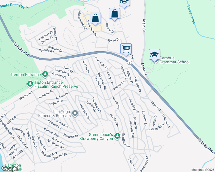 map of restaurants, bars, coffee shops, grocery stores, and more near 2385 Pierce Avenue in Cambria