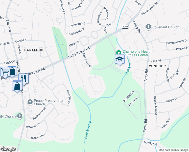 map of restaurants, bars, coffee shops, grocery stores, and more near 4140 Bayswater Road in Winterville
