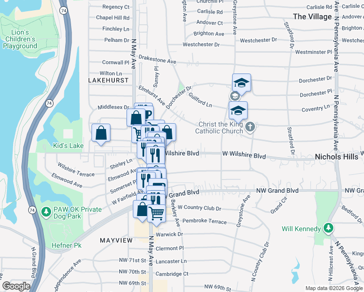 map of restaurants, bars, coffee shops, grocery stores, and more near 2729 West Wilshire Boulevard in Oklahoma City