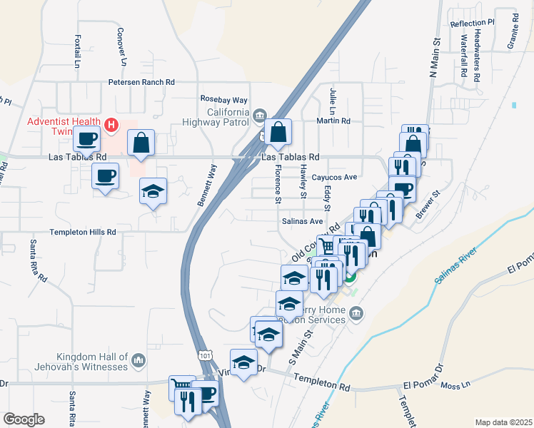 map of restaurants, bars, coffee shops, grocery stores, and more near 740 Salinas Avenue in Templeton