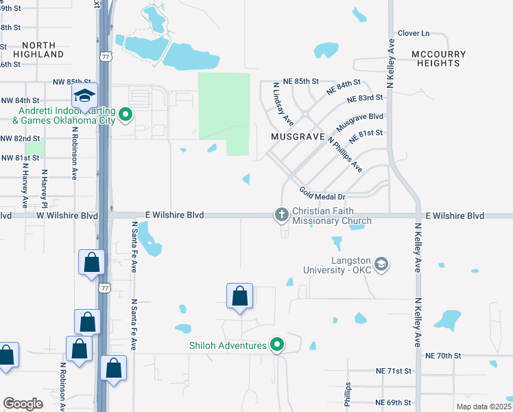 map of restaurants, bars, coffee shops, grocery stores, and more near 505 E Wilshire Blvd in Oklahoma City