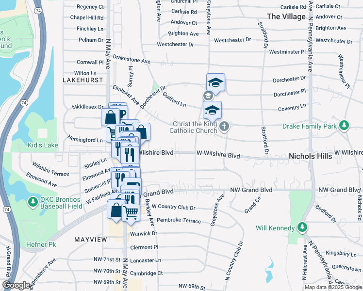 map of restaurants, bars, coffee shops, grocery stores, and more near 2611 West Wilshire Boulevard in Oklahoma City