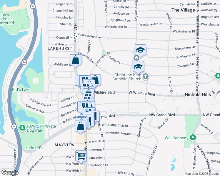 map of restaurants, bars, coffee shops, grocery stores, and more near 2641 West Wilshire Boulevard in Oklahoma City