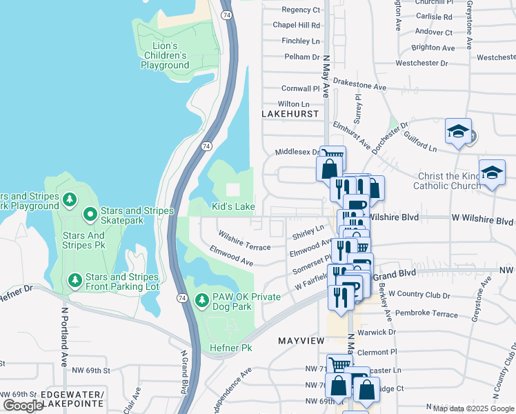 map of restaurants, bars, coffee shops, grocery stores, and more near 7909 Lakehurst Drive in Oklahoma City