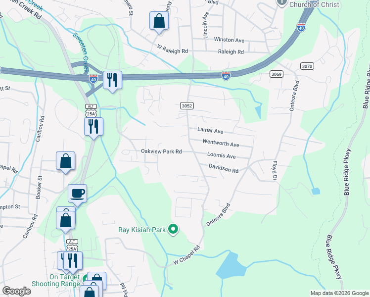 map of restaurants, bars, coffee shops, grocery stores, and more near 303 Oakview Park Road in Asheville