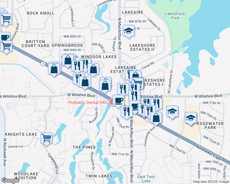 map of restaurants, bars, coffee shops, grocery stores, and more near 5909 Northwest Expressway in Oklahoma City