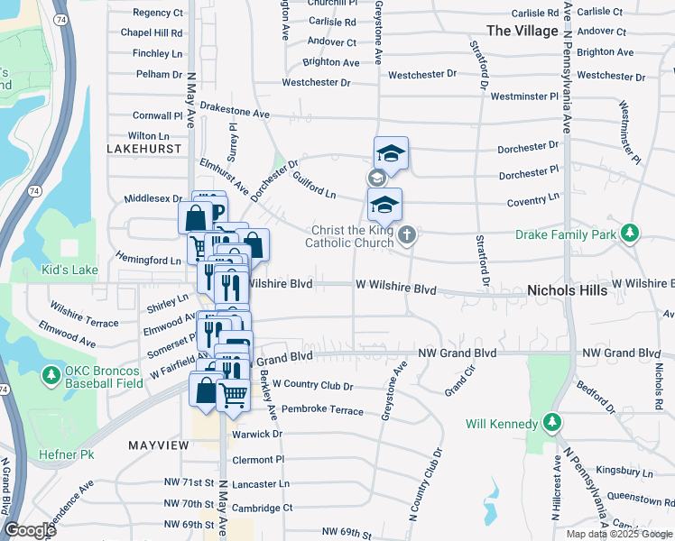 map of restaurants, bars, coffee shops, grocery stores, and more near 2611 West Wilshire Boulevard in Oklahoma City