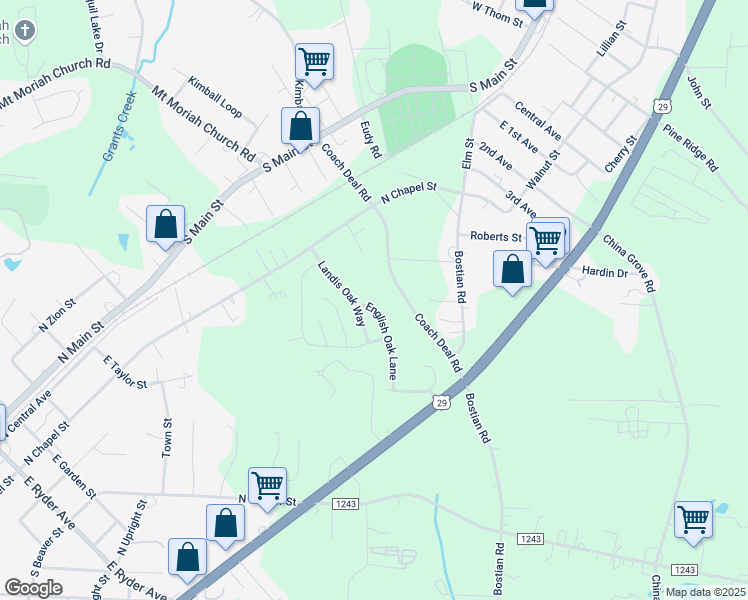 map of restaurants, bars, coffee shops, grocery stores, and more near 105 English Oak Lane in Landis