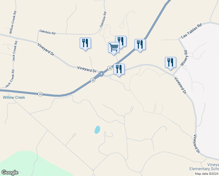map of restaurants, bars, coffee shops, grocery stores, and more near 2725 Oak View Road in Templeton