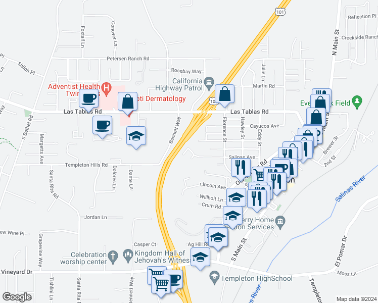 map of restaurants, bars, coffee shops, grocery stores, and more near 359 Lily Pad Lane in Templeton