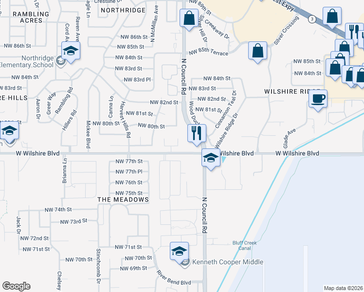 map of restaurants, bars, coffee shops, grocery stores, and more near 7908 Debra Court in Oklahoma City