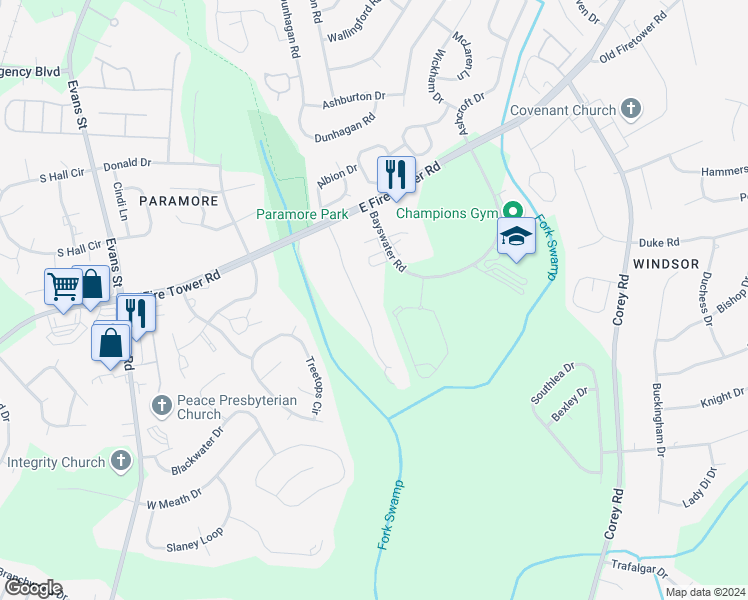 map of restaurants, bars, coffee shops, grocery stores, and more near 4225 Dudleys Grant Drive in Winterville