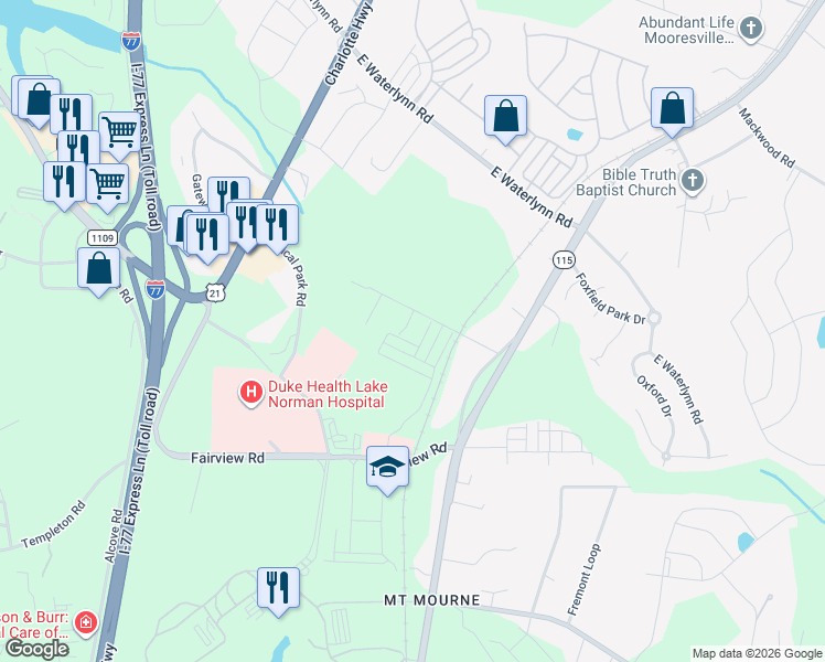 map of restaurants, bars, coffee shops, grocery stores, and more near 153 Crossrail Road in Mooresville