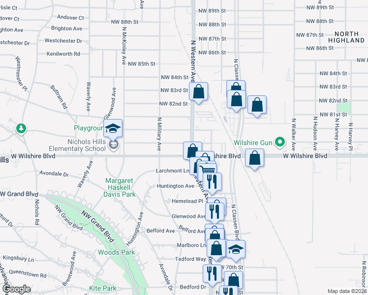 map of restaurants, bars, coffee shops, grocery stores, and more near 1101 West Wilshire Boulevard in Oklahoma City
