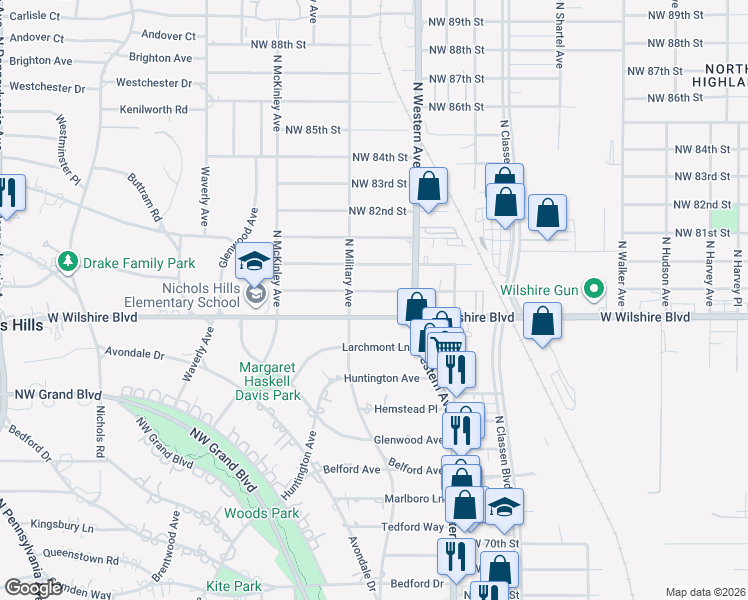 map of restaurants, bars, coffee shops, grocery stores, and more near 1131 West Wilshire Boulevard in Oklahoma City