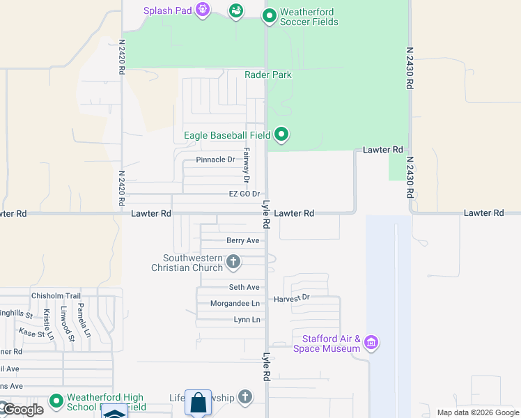 map of restaurants, bars, coffee shops, grocery stores, and more near 2317 Lawter Road in Weatherford