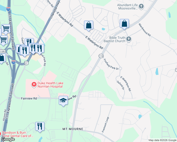 map of restaurants, bars, coffee shops, grocery stores, and more near 104 Leslie Loop in Mooresville