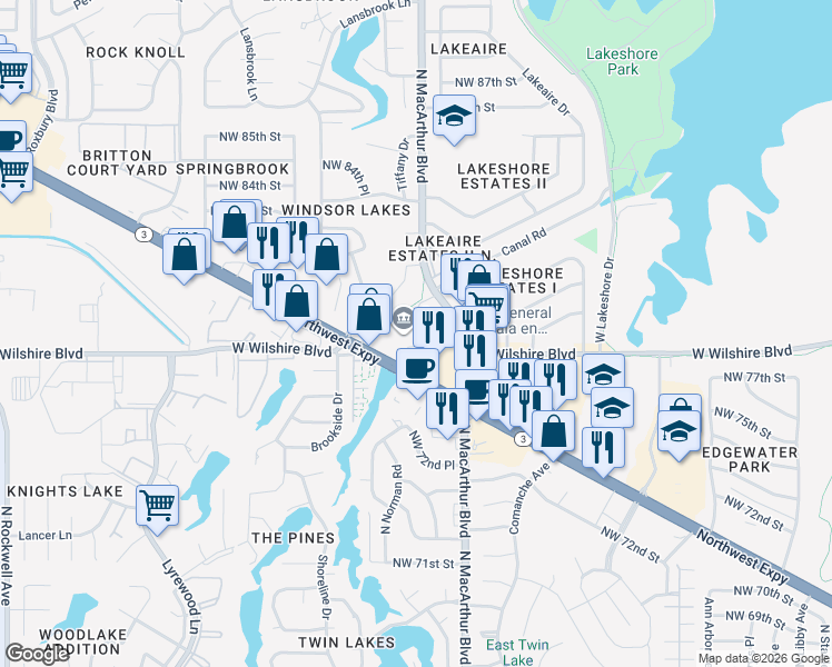 map of restaurants, bars, coffee shops, grocery stores, and more near 7640 Northwest Expressway in Oklahoma City