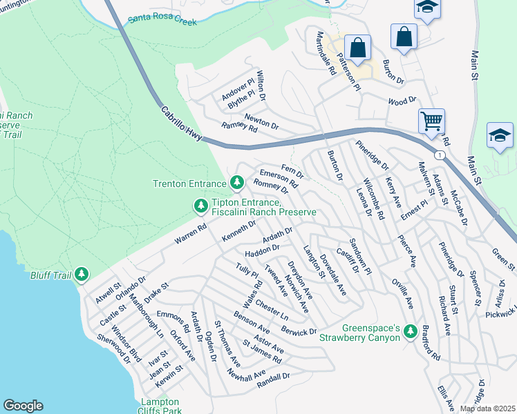 map of restaurants, bars, coffee shops, grocery stores, and more near Alban Place in Cambria