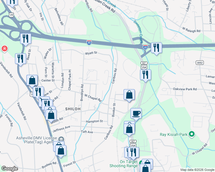map of restaurants, bars, coffee shops, grocery stores, and more near 6 Wilson Creek Drive in Asheville