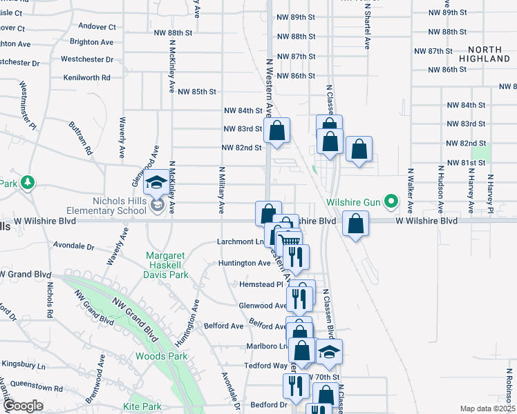 map of restaurants, bars, coffee shops, grocery stores, and more near 1101 West Wilshire Boulevard in Oklahoma City