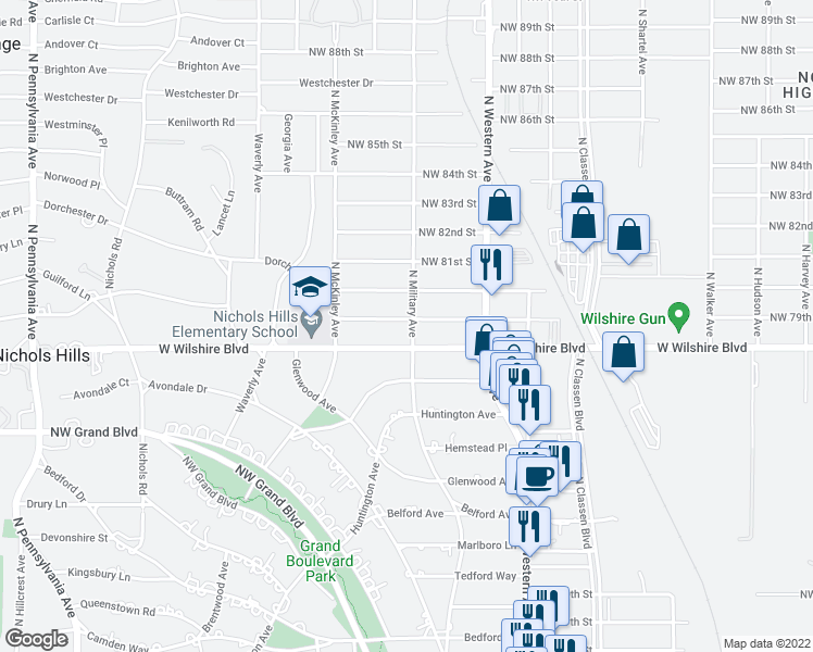 map of restaurants, bars, coffee shops, grocery stores, and more near 1201 West Wilshire Boulevard in Oklahoma City