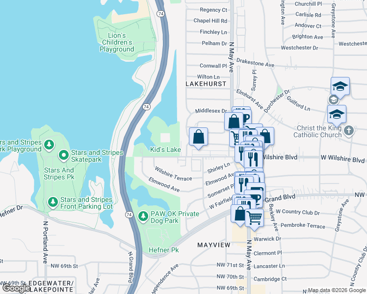 map of restaurants, bars, coffee shops, grocery stores, and more near 7909 Lakehurst Drive in Oklahoma City