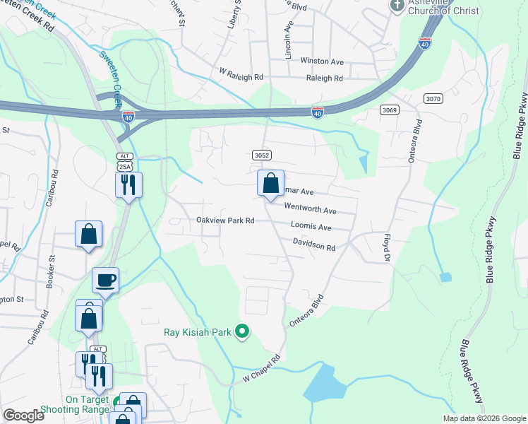 map of restaurants, bars, coffee shops, grocery stores, and more near 303 Oakview Park Road in Asheville