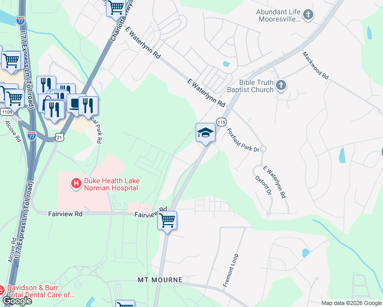 map of restaurants, bars, coffee shops, grocery stores, and more near 104 Leslie Loop in Mooresville
