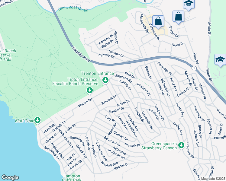map of restaurants, bars, coffee shops, grocery stores, and more near 2441 Alban Place in Cambria