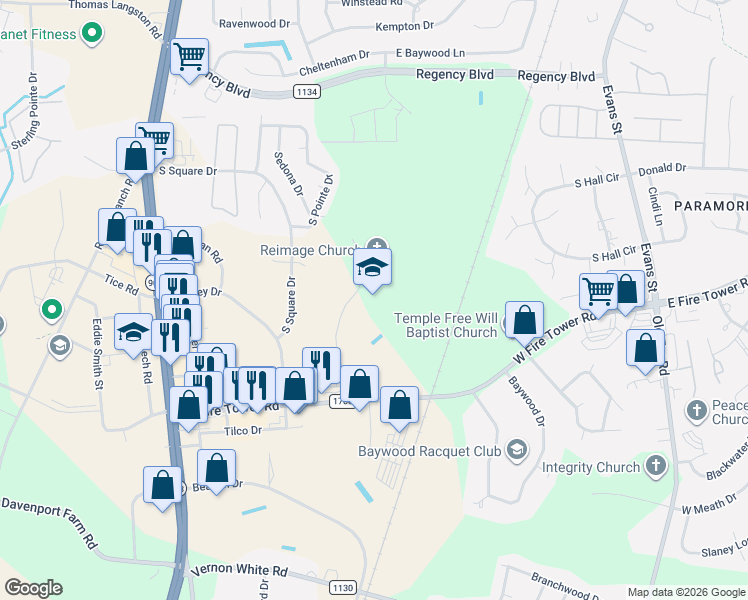 map of restaurants, bars, coffee shops, grocery stores, and more near 3950 Victory Lane in Winterville