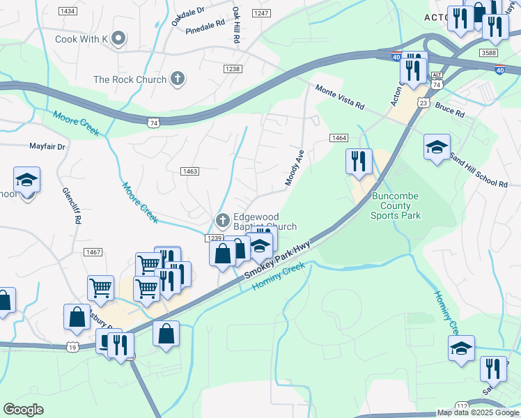 map of restaurants, bars, coffee shops, grocery stores, and more near 86 Moody Avenue in Candler