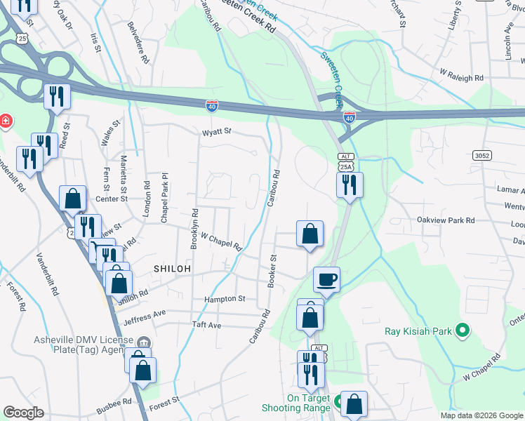 map of restaurants, bars, coffee shops, grocery stores, and more near 6 Wilson Creek Drive in Asheville