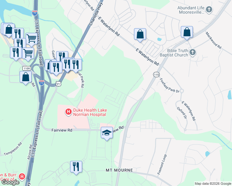 map of restaurants, bars, coffee shops, grocery stores, and more near 137 Crossrail Road in Mooresville