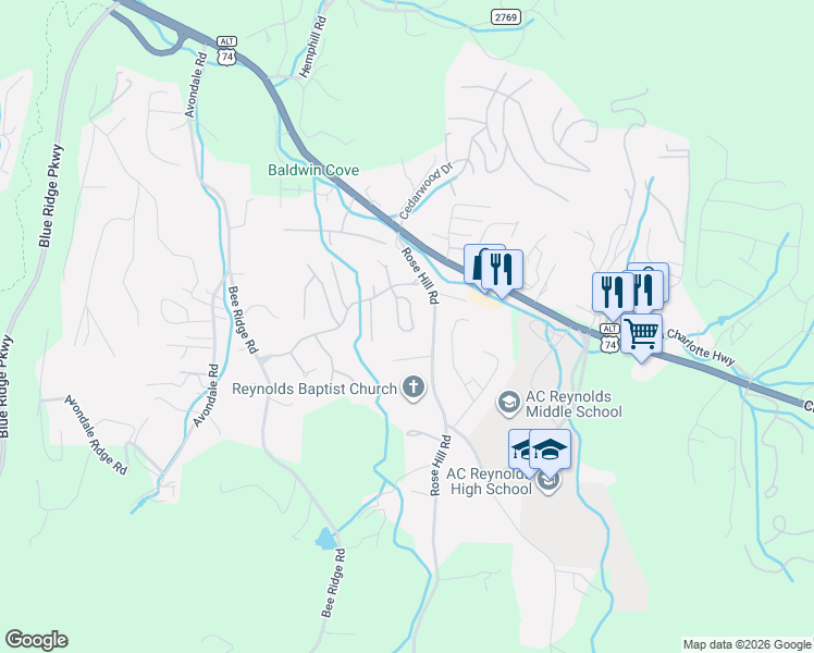 map of restaurants, bars, coffee shops, grocery stores, and more near 24 Cedarcliff Circle in Asheville
